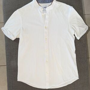 Zara Men White Short-Sleeve Grandad Collar Button-Up Shirt